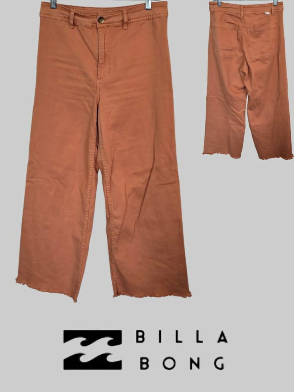 Billabong High Waist Orange Free Fall Wide Frayed Raw Hem Pants Womens 30 x27